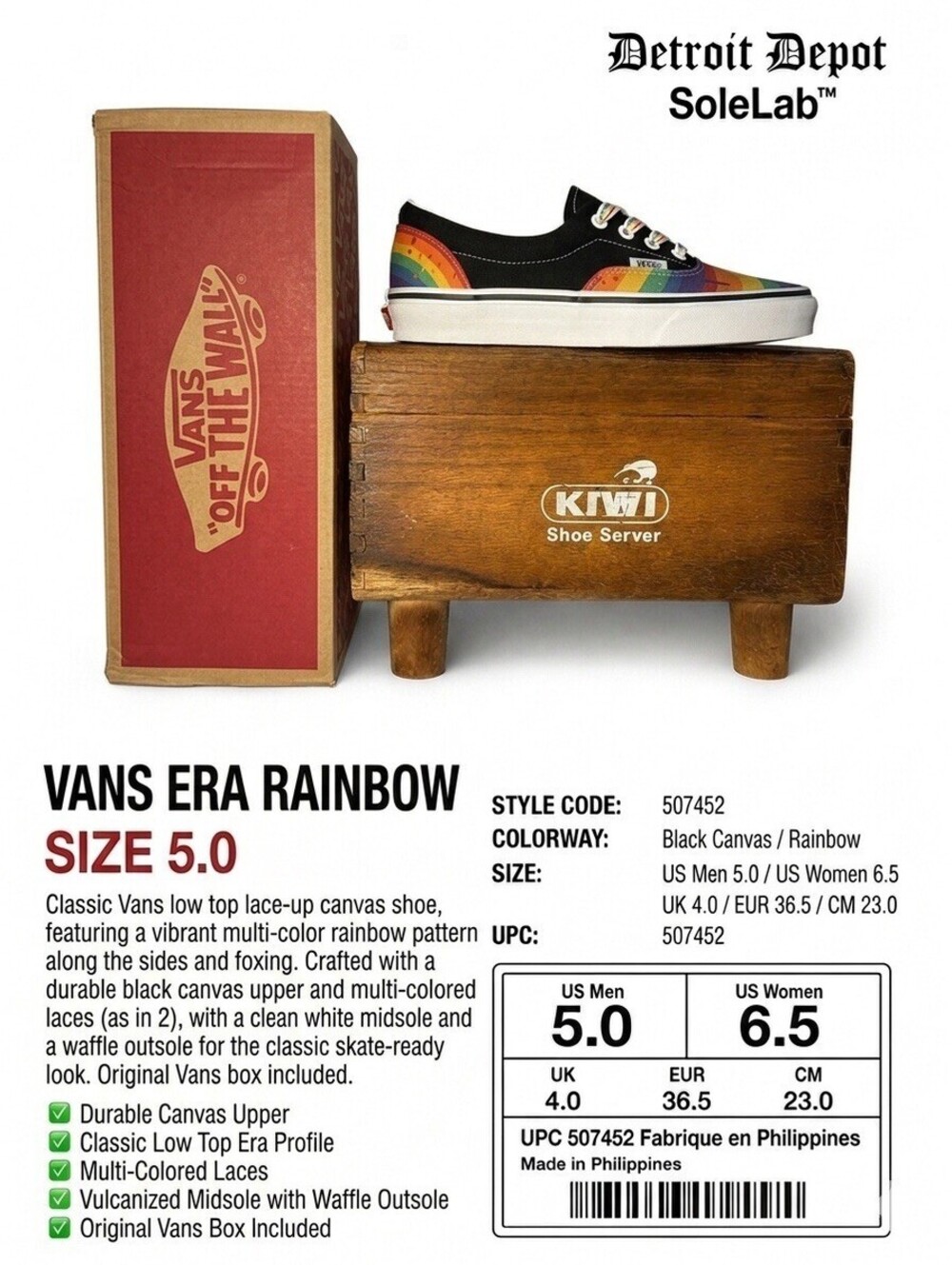 Vans Authentic Rainbow Sole | Black Canvas Low-Top | Size 5.0 Men’s / 6.5 W